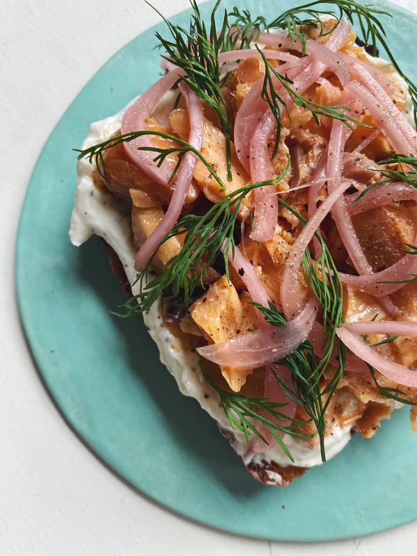 Smoked Salmon Toastie with Labneh + Pickled Red Onions