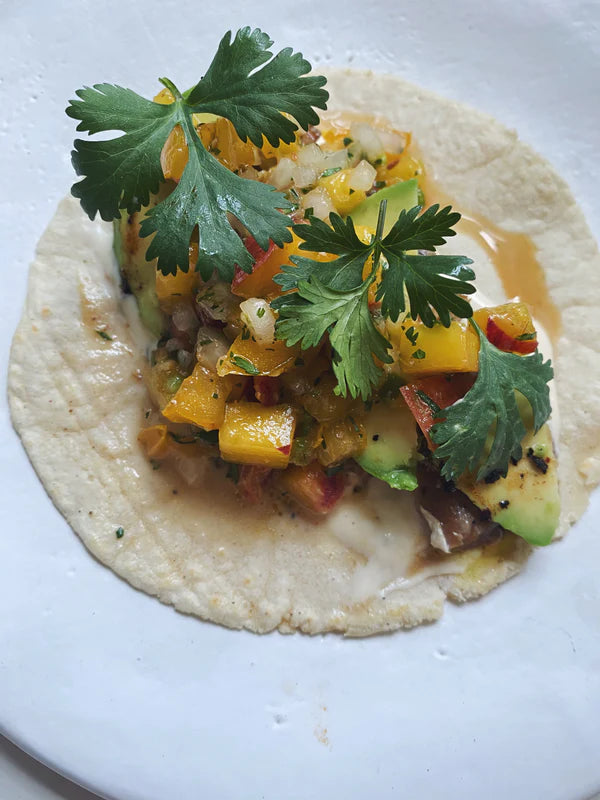 Campfire Cod Tacos with Peach and Yellow Tomato Salsa