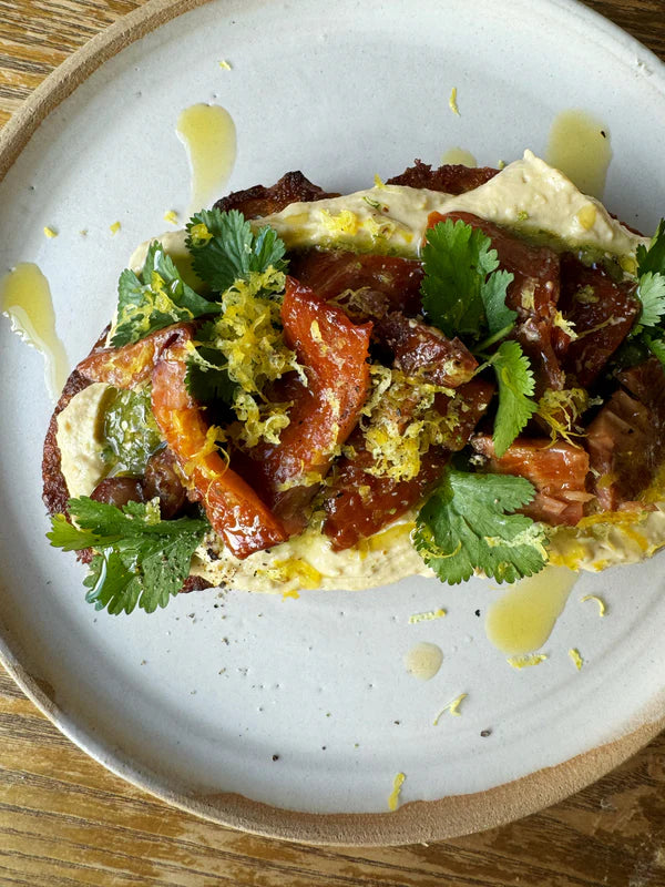 Smoked Trout Toast with Preserved Lemon Hummus and Salsa Verde