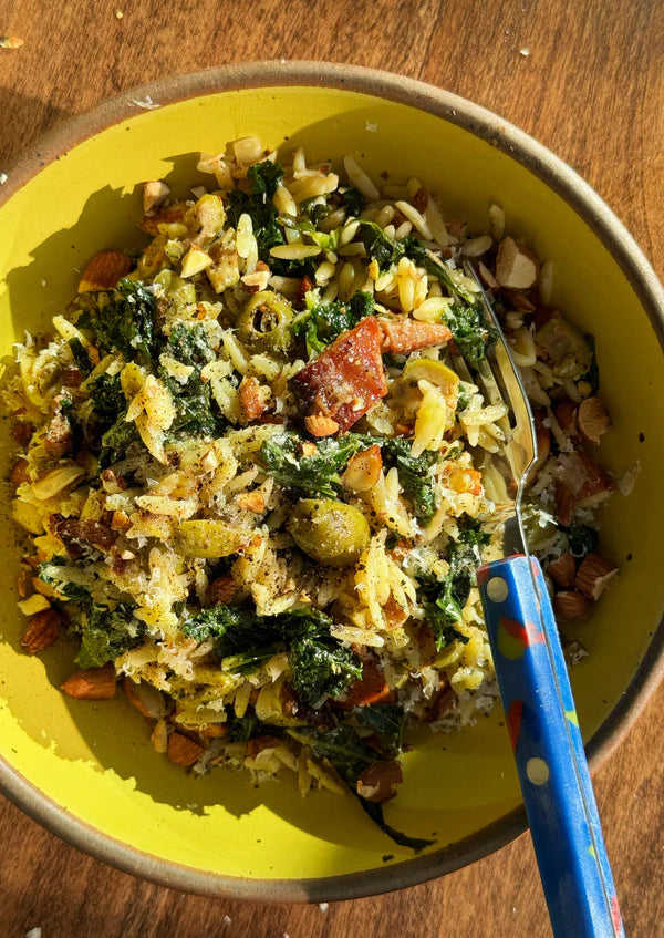 Trout Orzo with Kale, Green Olives, and Parmesan