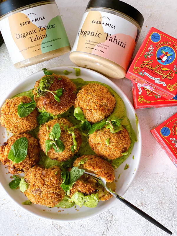 Oven Roasted Salmon & Farro Cakes with Green Goddess Tahini Sauce