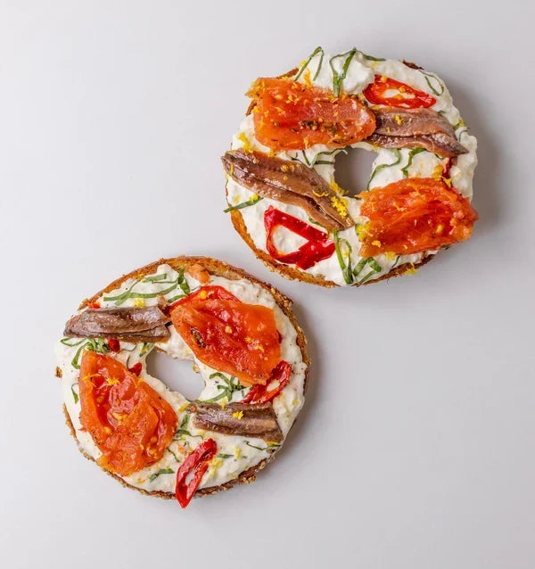 The Rowdy Fishwife: Tomato Confit, Anchovy, Burrata Bagel