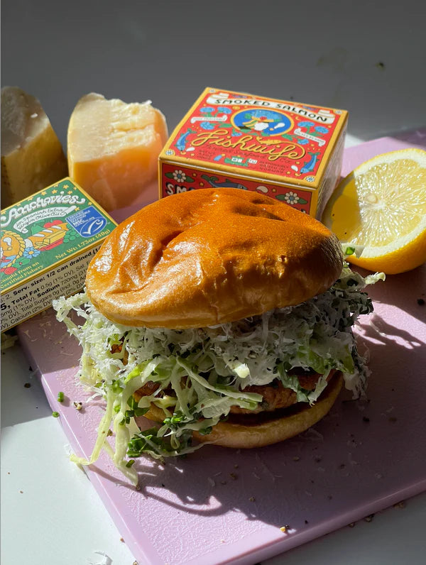 Smoked Salmon Burgers with Caesar Slaw