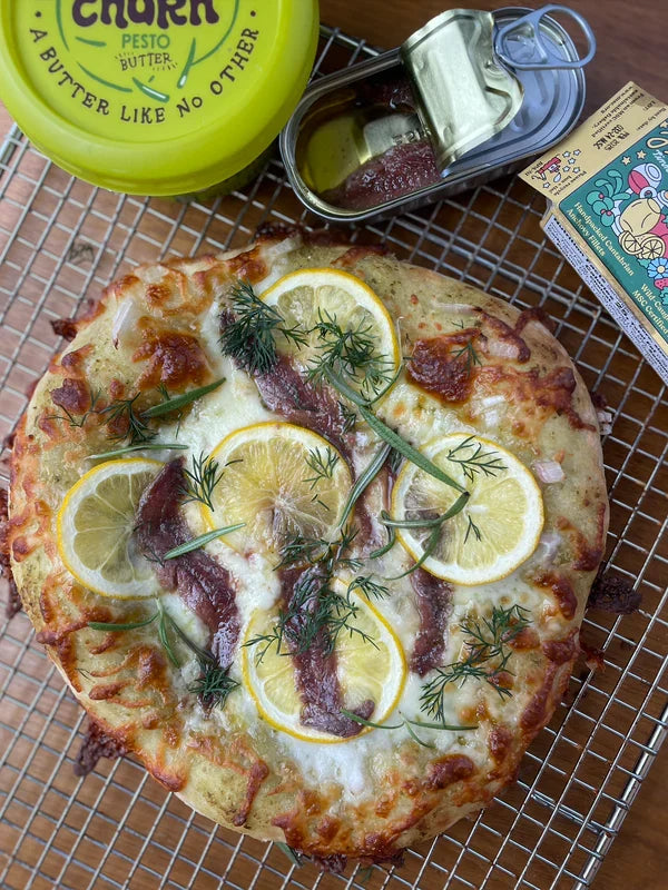 Pesto Pizza with Lemon, Anchovies, and Dill