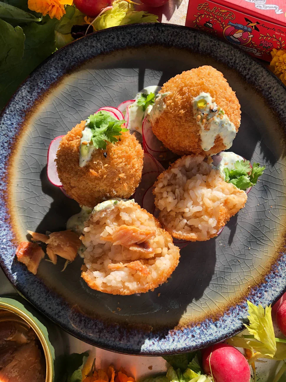 Fried Maple Soy Salmon Rice balls + Cilantro Wasabi Dip